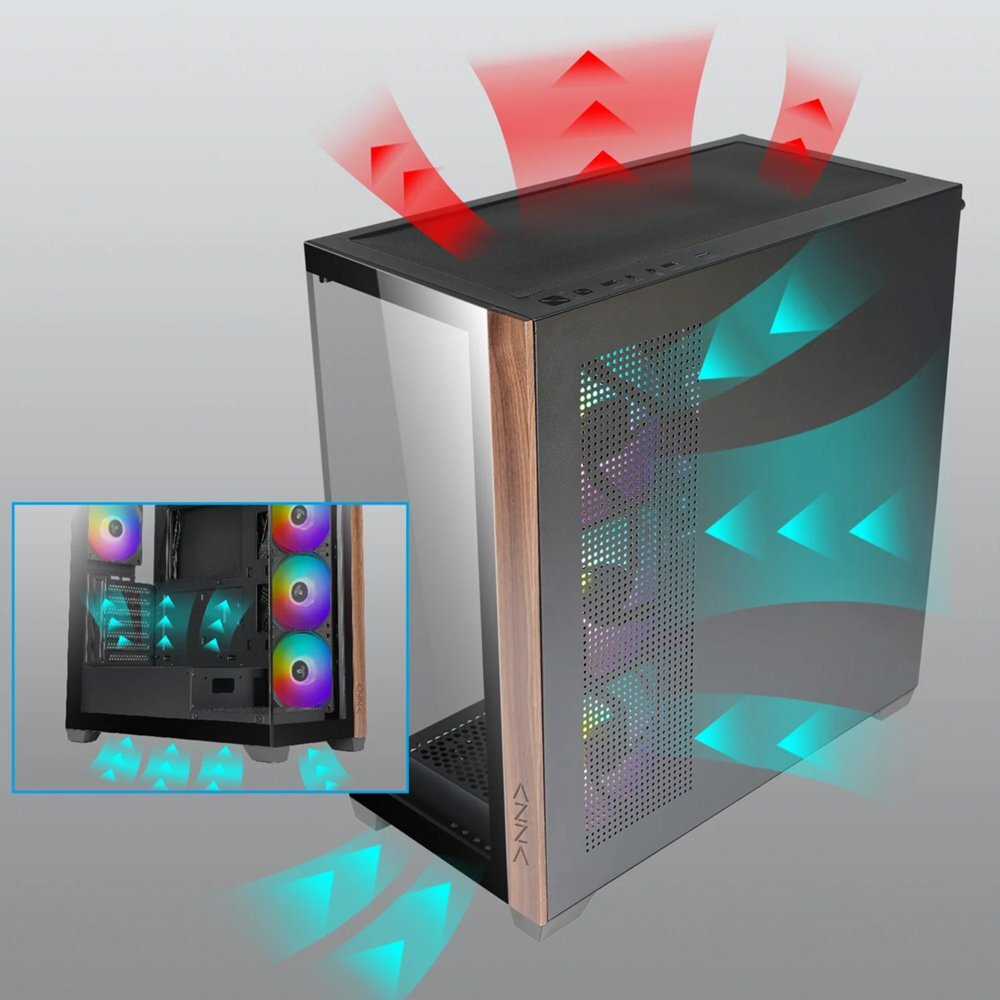 f83169aef74e812bfbbeea8be269c232aed84cce4bd5f4edc06315172cf8ddce Azza Case Azza Neptun Midi Tower RGB Zwart, Hout - Afbeelding 1